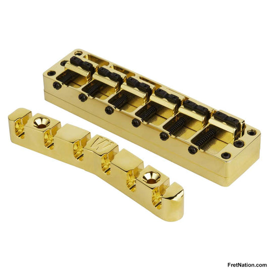 Warwick Warwick Parts - Bridge + Tailpiece, 6-String, Broadneck, Brass / Gold - SP W 30156 6BN BG