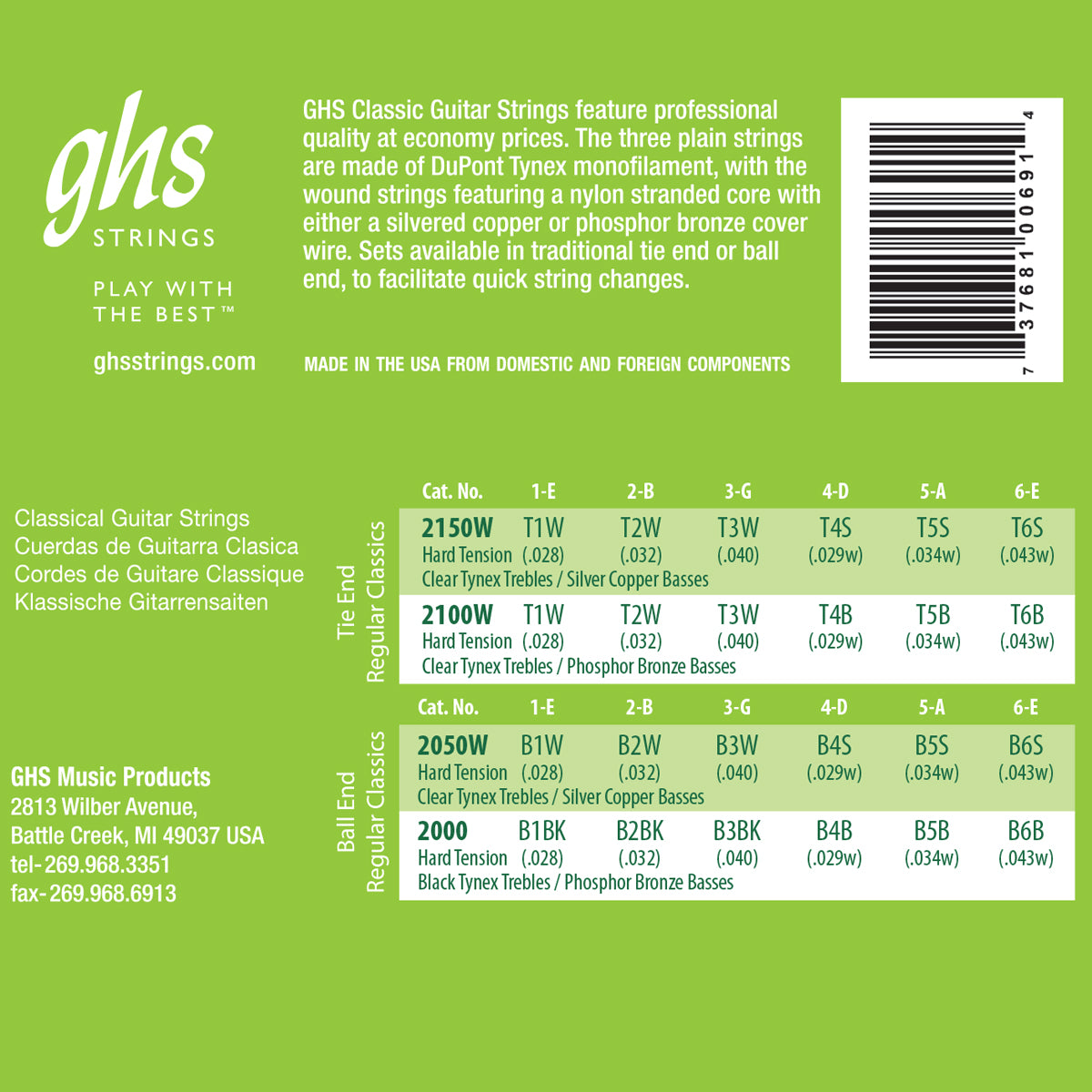 GHS Strings GHS Ball End Regular Classics Nylon Classical Guitar 06-String Set - 28-43 Hard Tension 2000