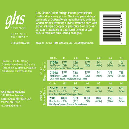 GHS Strings GHS Ball End Regular Classics Nylon Classical Guitar 06-String Set - 28-43 Hard Tension 2000