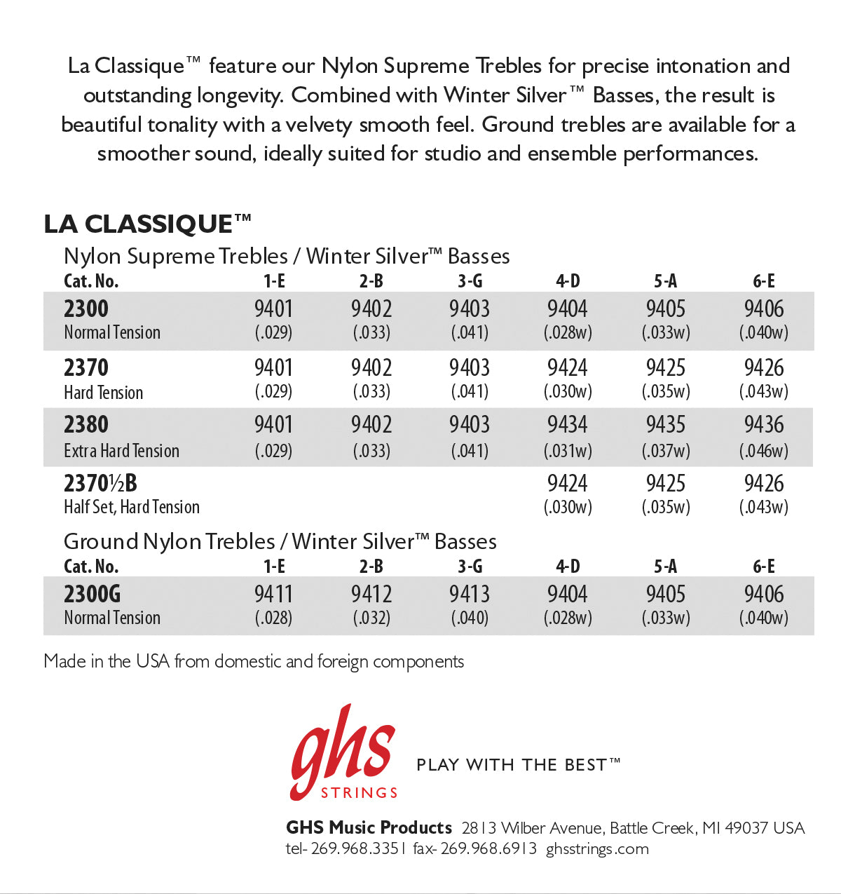 GHS Strings GHS La Classique Nylon Classical Guitar Basses Only 06-String Set - 30-43 Hard Tension 2370 1/2B