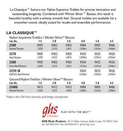 GHS Strings GHS La Classique Nylon Classical Guitar Basses Only 06-String Set - 30-43 Hard Tension 2370 1/2B