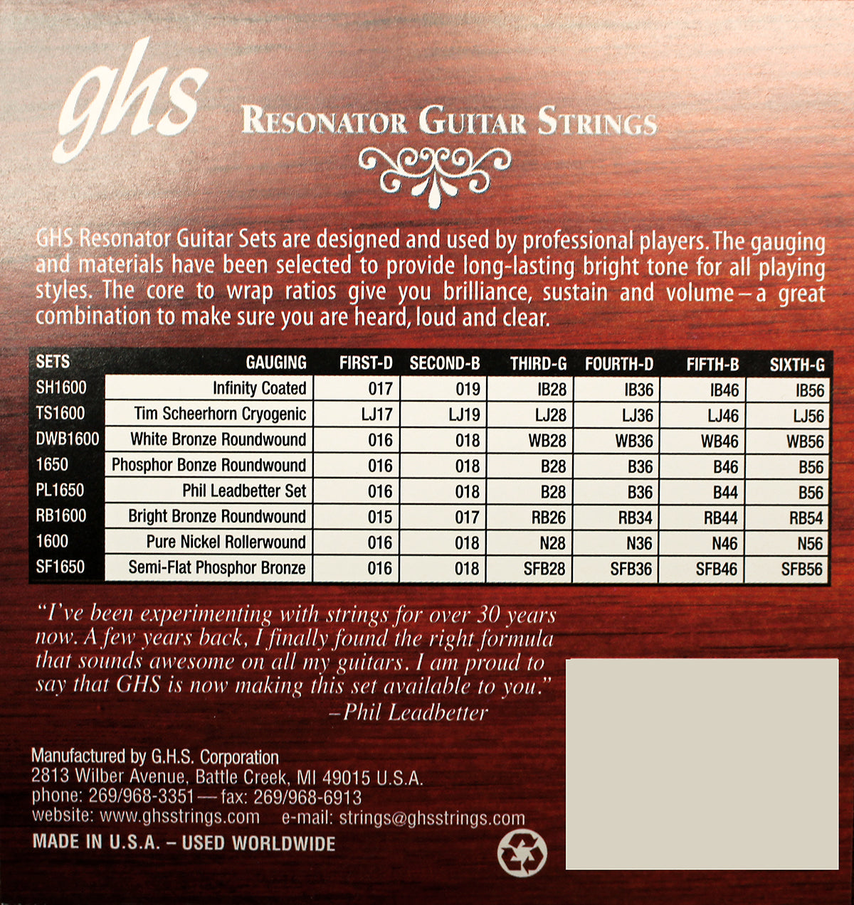 GHS Strings GHS Infinity Coated Bronze Resonator Guitar 06-String Set - 17-56 Regular SH1600