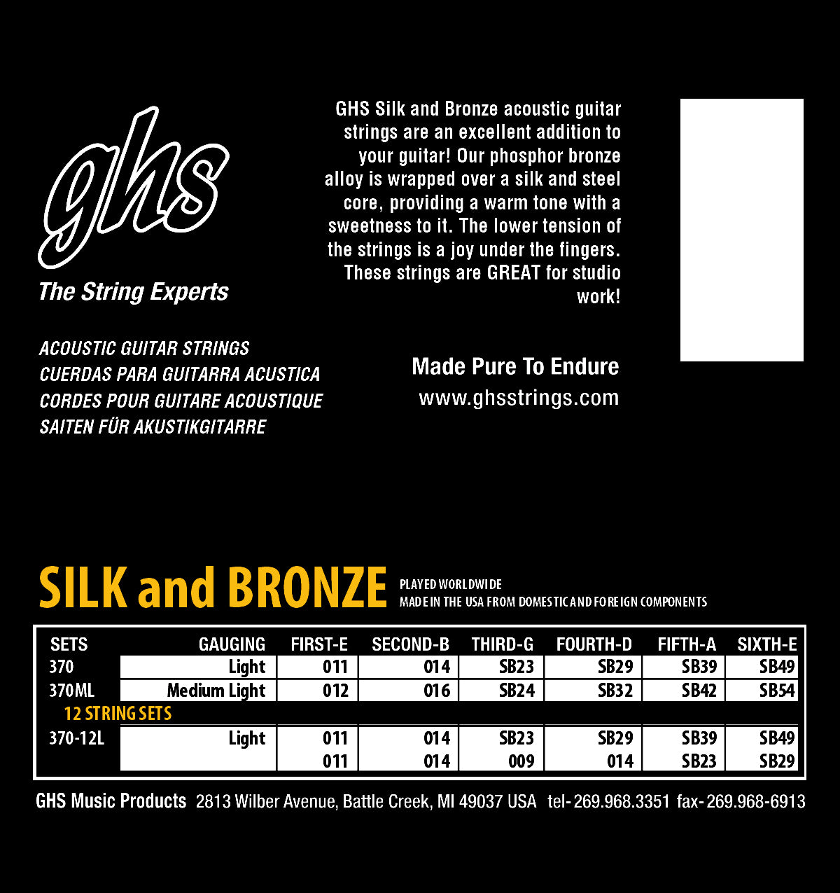 GHS Strings GHS Silk And Bronze Acoustic Guitar String Set - 12-54 Medium Light 370ML