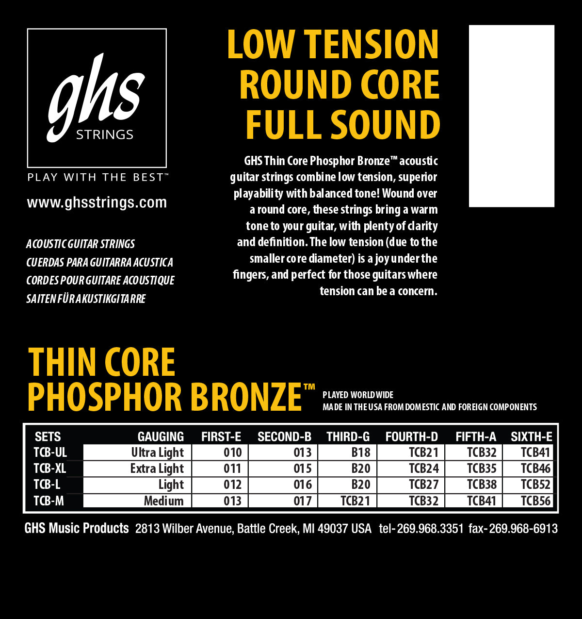 GHS Strings GHS Thin Core Phosphor Bronze Acoustic Guitar String Set - 12-52 Light TCB-L