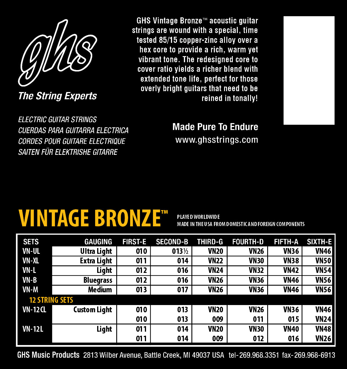 GHS Strings GHS Vintage Bronze Acoustic Guitar String Set - 12-54 Light VN-L