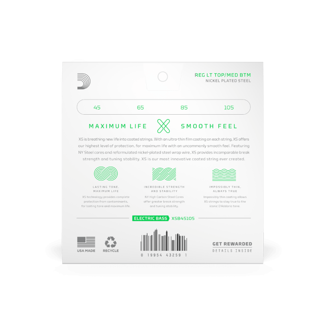 D'Addario D'Addario XS Coated Nickel Bass String Set Long Scale - 4-String 45-105 Regular Medium XSB45105