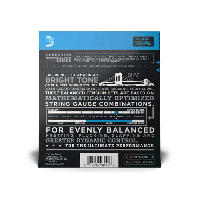 D'Addario D'Addario XL Nickel Wound Bass String Set Long Scale - 4-String 50-120 Balanced Tension EXL160BT