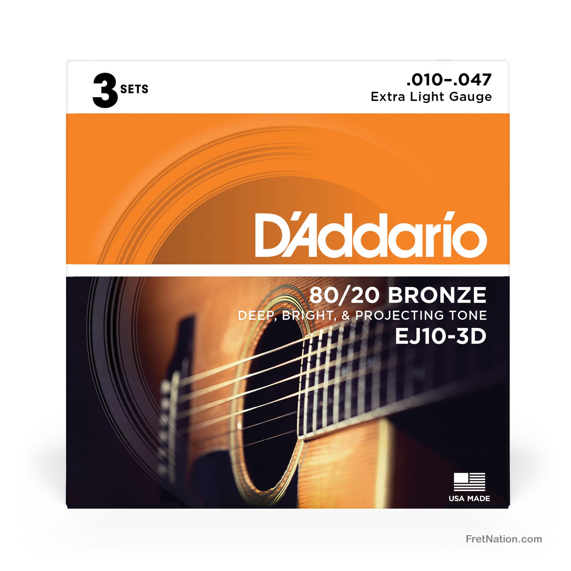 D'Addario D'Addario 80/20 Bronze Acoustic Guitar 3-Pack - 6-String 10-47 Extra Light EJ10-3D