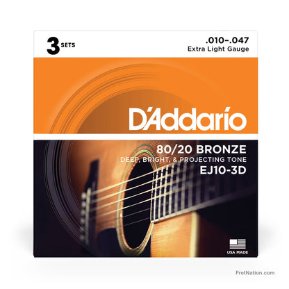 D'Addario D'Addario 80/20 Bronze Acoustic Guitar 3-Pack - 6-String 10-47 Extra Light EJ10-3D