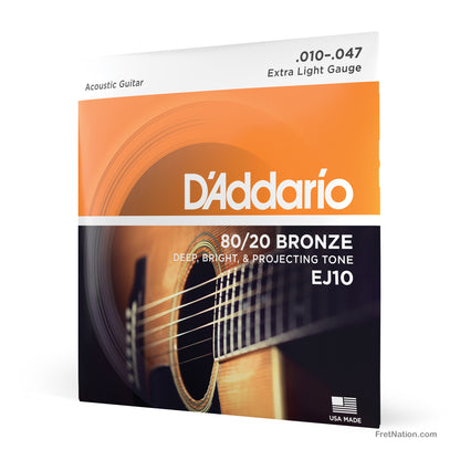 D'Addario D'Addario 80/20 Bronze Acoustic Guitar Strings - 6-String 10-47 Extra Light EJ10