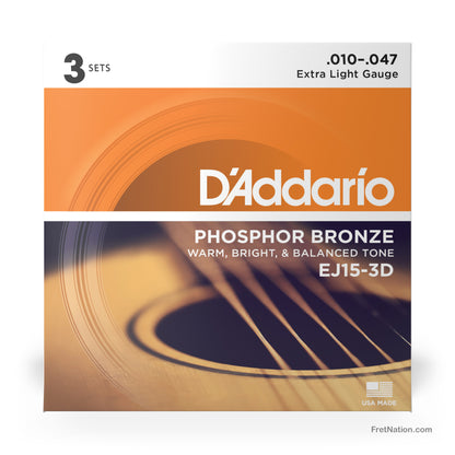 D'Addario D'Addario Phosphor Bronze Acoustic Guitar 3-Pack - 6-String 10-47 Extra Light EJ15-3D