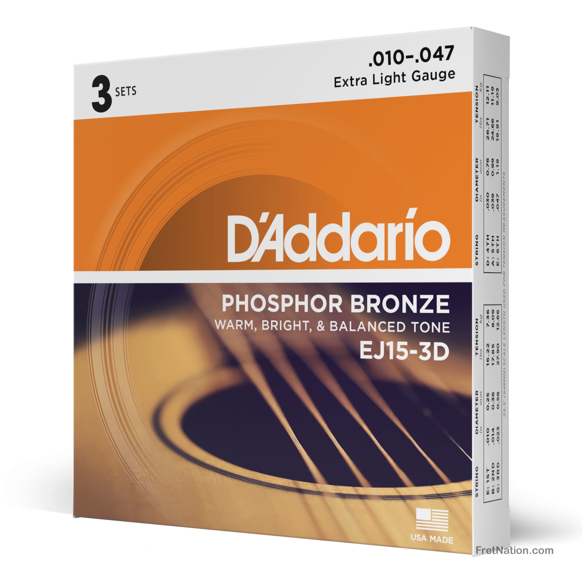 D'Addario D'Addario Phosphor Bronze Acoustic Guitar 3-Pack - 6-String 10-47 Extra Light EJ15-3D