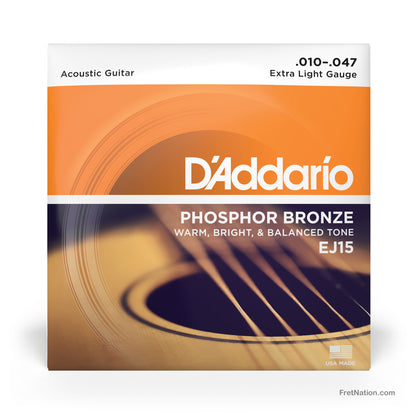 D'Addario D'Addario Phosphor Bronze Acoustic Guitar Strings - 6-String 10-47 Extra Light EJ15