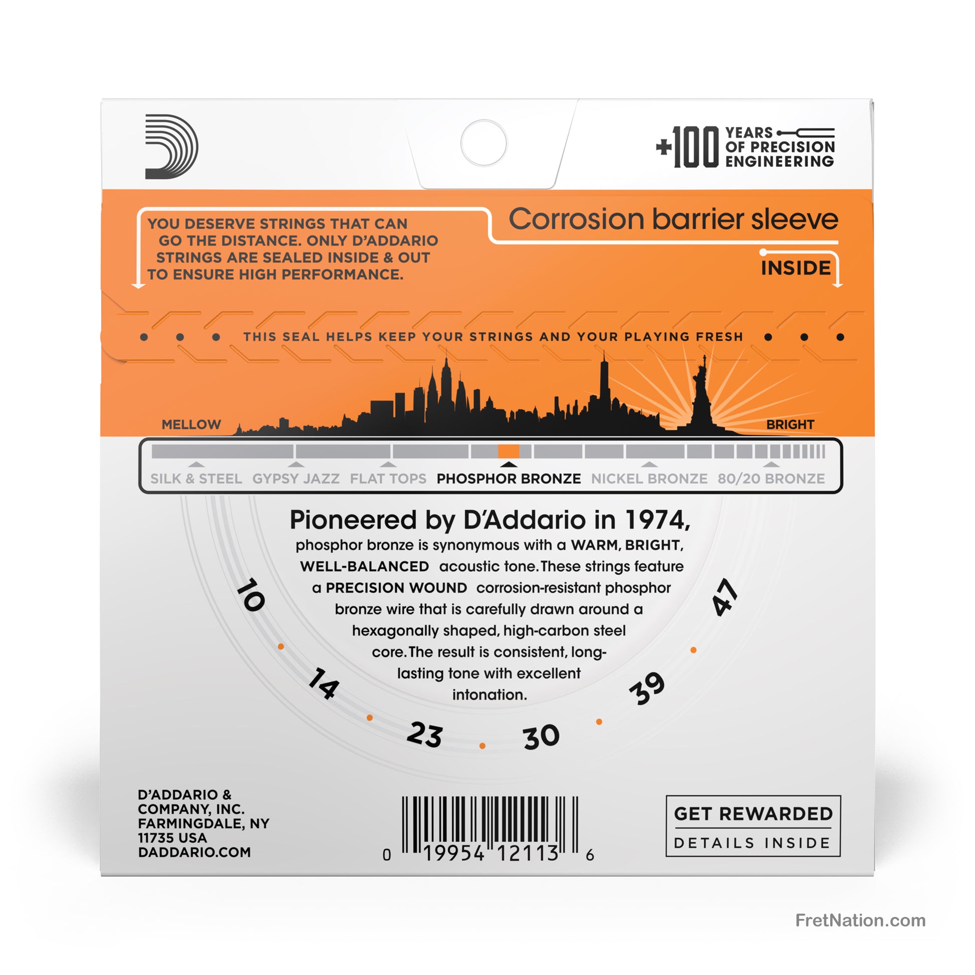 D'Addario D'Addario Phosphor Bronze Acoustic Guitar Strings - 6-String 10-47 Extra Light EJ15