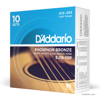 D'Addario D'Addario Phosphor Bronze Acoustic Guitar 10-Pack - 6-String 12-53 Light EJ26-10P