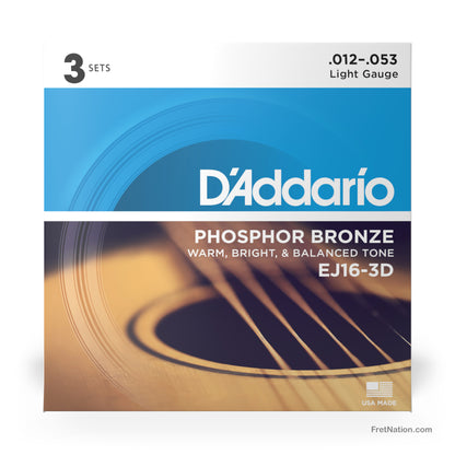 D'Addario D'Addario Phosphor Bronze Acoustic Guitar 3-Pack - 6-String 12-53 Light EJ26-3D