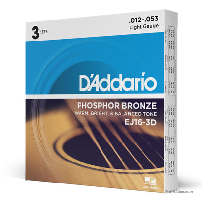 D'Addario D'Addario Phosphor Bronze Acoustic Guitar 3-Pack - 6-String 12-53 Light EJ26-3D