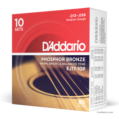D'Addario D'Addario Phosphor Bronze Acoustic Guitar 10-Pack - 6-String 13-56 Medium EJ17-10P