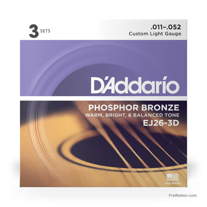 D'Addario D'Addario Phosphor Bronze Acoustic Guitar 3-Pack - 6-String 11-52 Custom Light EJ26-3D