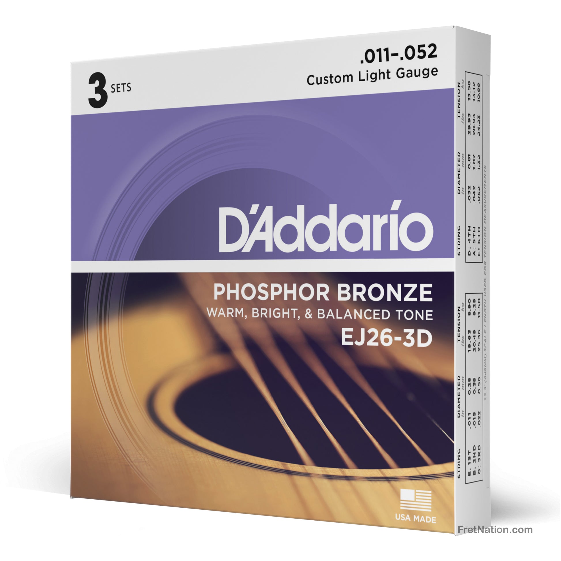 D'Addario D'Addario Phosphor Bronze Acoustic Guitar 3-Pack - 6-String 11-52 Custom Light EJ26-3D