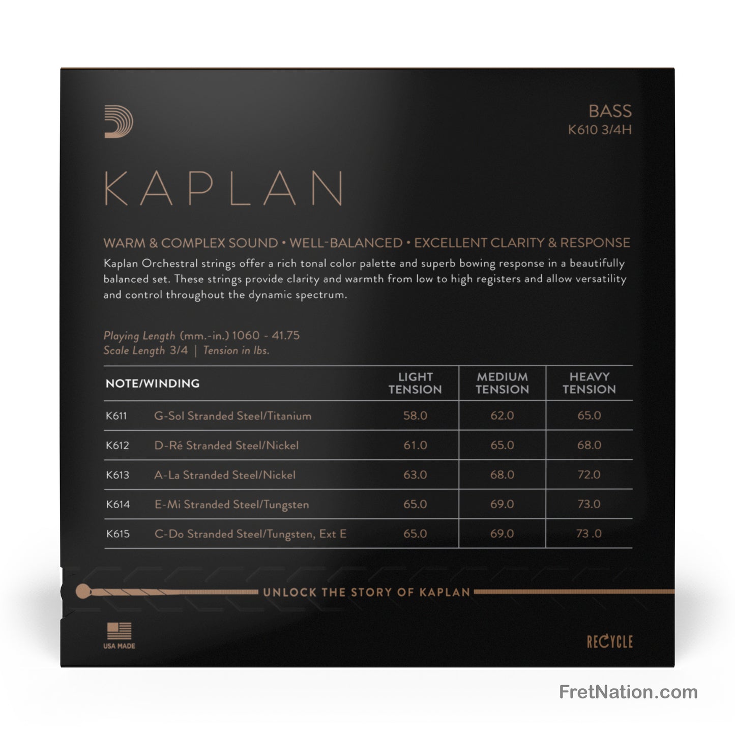 D'Addario D'Addario Kaplan 3/4 Scale Double Bass String Set - K610 3/4H Heavy