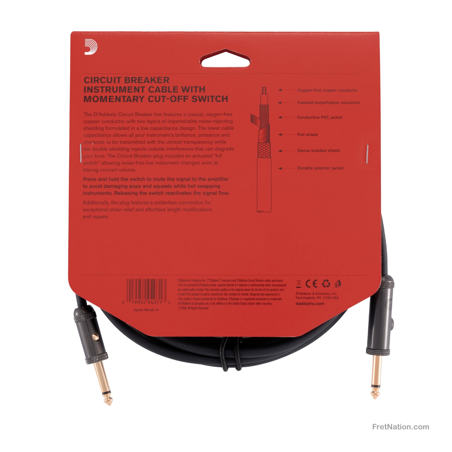 D'Addario D'Addario Circuit Breaker Momentary Mute Instrument Cable 10-Foot 1/4" - PW-AG-10