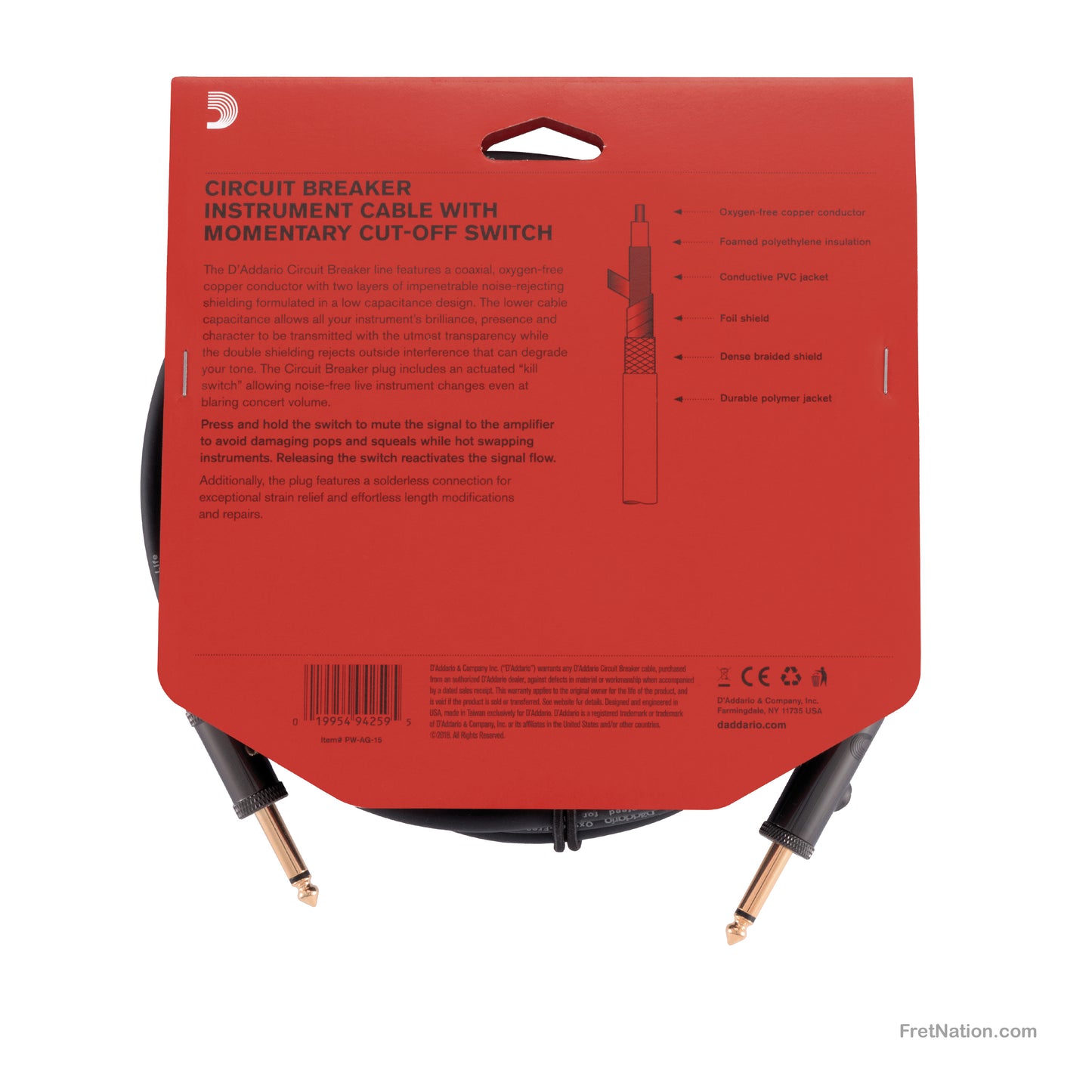 D'Addario D'Addario Circuit Breaker Momentary Mute Instrument Cable 15-Foot 1/4" - PW-AG-15