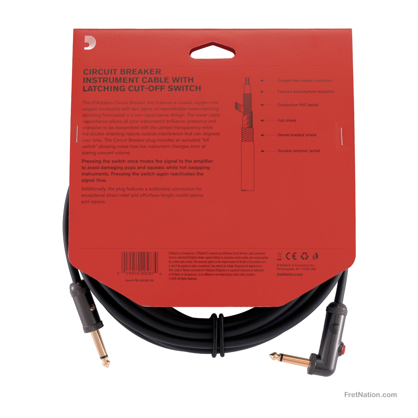 D'Addario D'Addario Circuit Breaker with Latching Cut-Off Switch 20-Foot 1/4" - PW-AGLRA-20