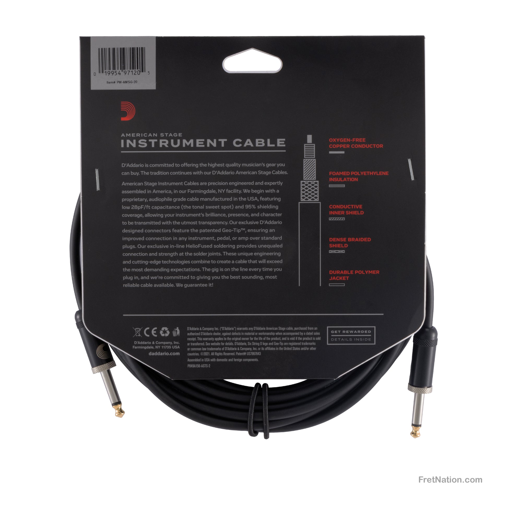 D'Addario D'Addario American Stage Instrument Cable 20-Foot 1/4" - PW-AMSG-20