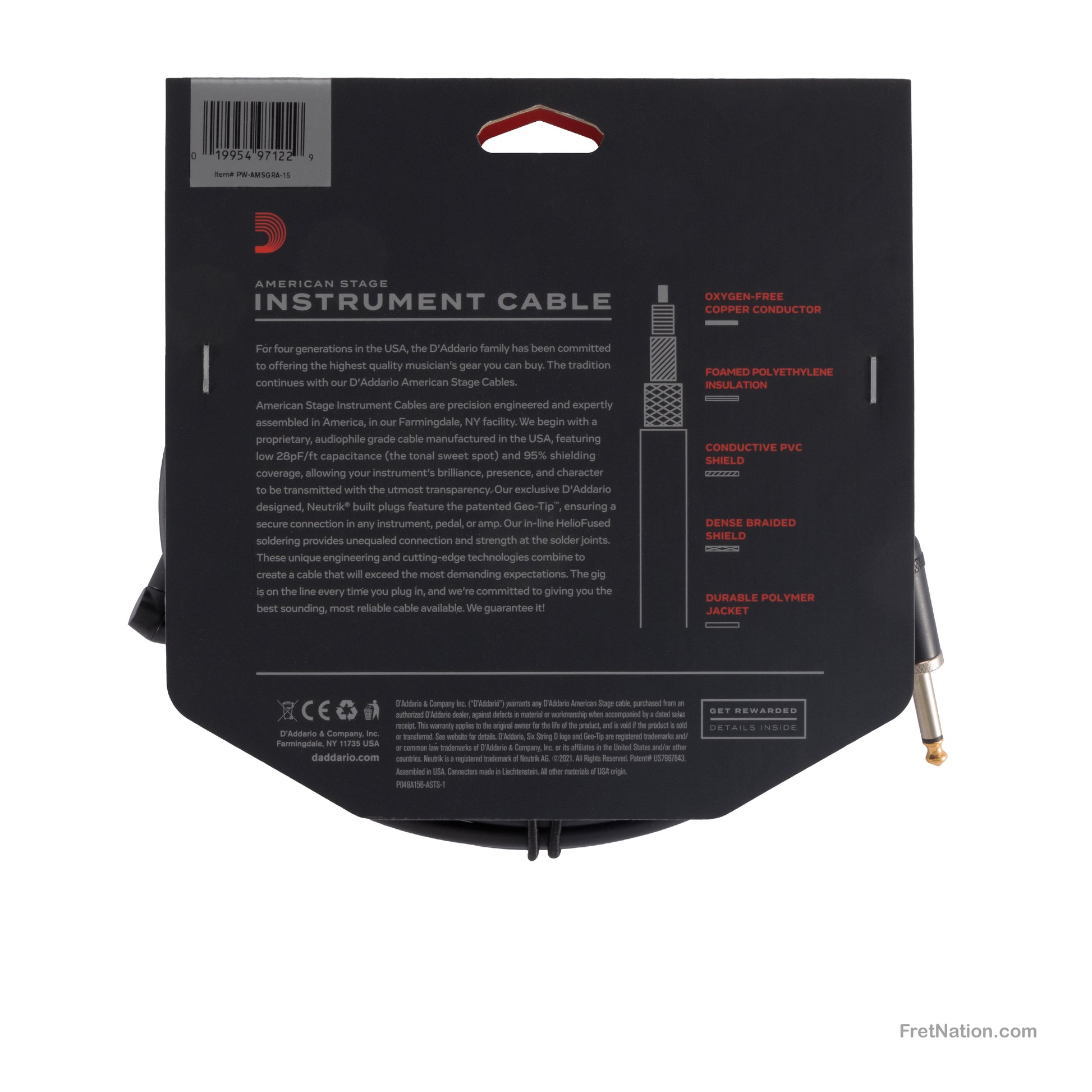 D'Addario D'Addario American Stage Instrument Cable 15-Foot 1/4" - PW-AMSGRA-15