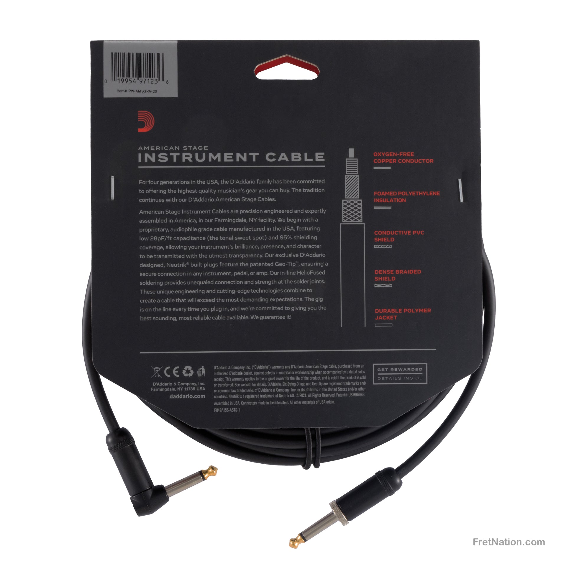 D'Addario D'Addario American Stage Instrument Cable 20-Foot 1/4" - PW-AMSGRA-20
