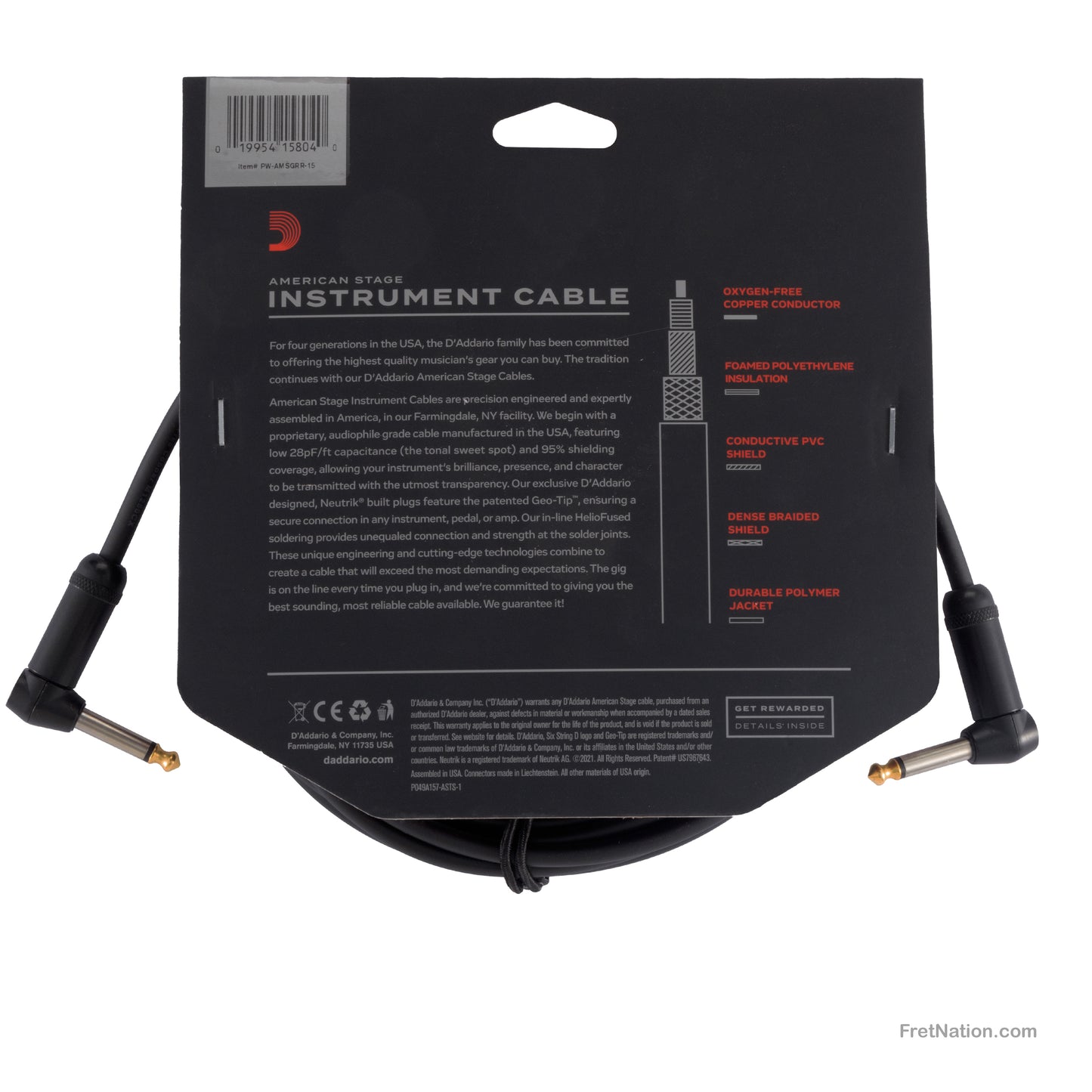 D'Addario D'Addario American Stage Instrument Cable Dual Right Angle 15-Foot 1/4" - PW-AMSGRR-15