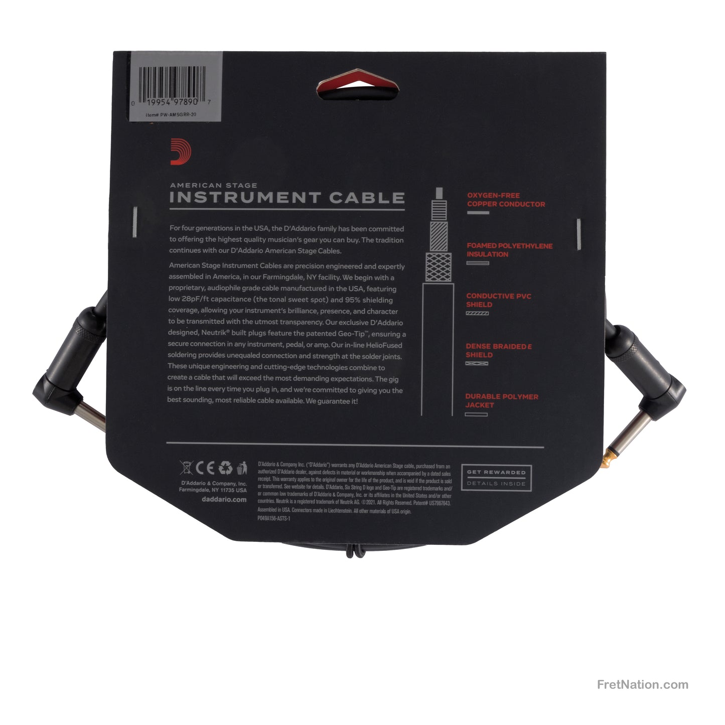 D'Addario D'Addario American Stage Instrument Cable Dual Right Angle 20-Foot 1/4" - PW-AMSGRR-20
