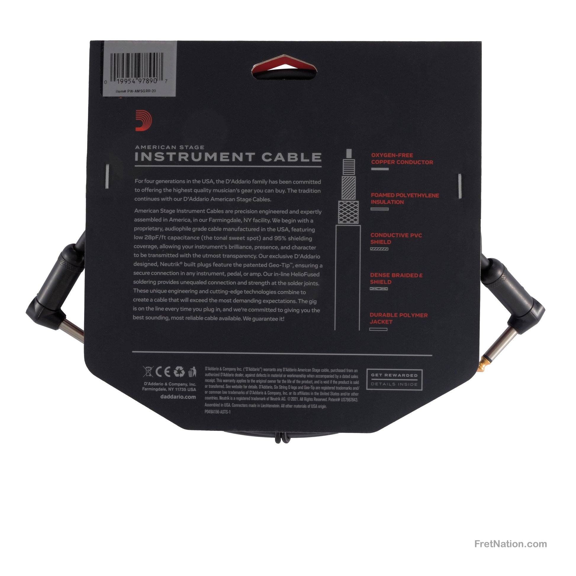 D'Addario D'Addario American Stage Instrument Cable Dual Right Angle 20-Foot 1/4" - PW-AMSGRR-20