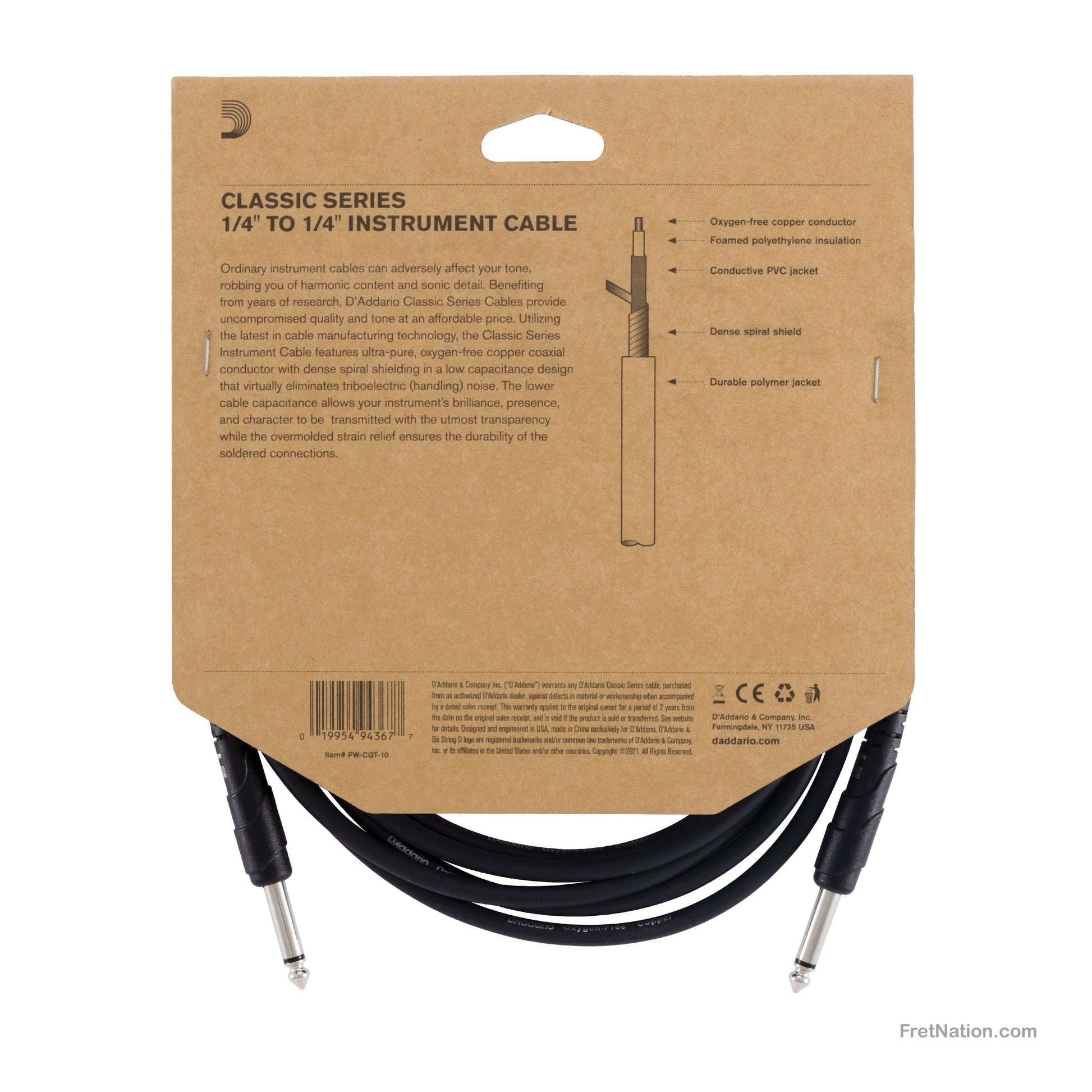 D'Addario D'Addario Classic Series Instrument Cable 10-Foot - PW-CGT-10