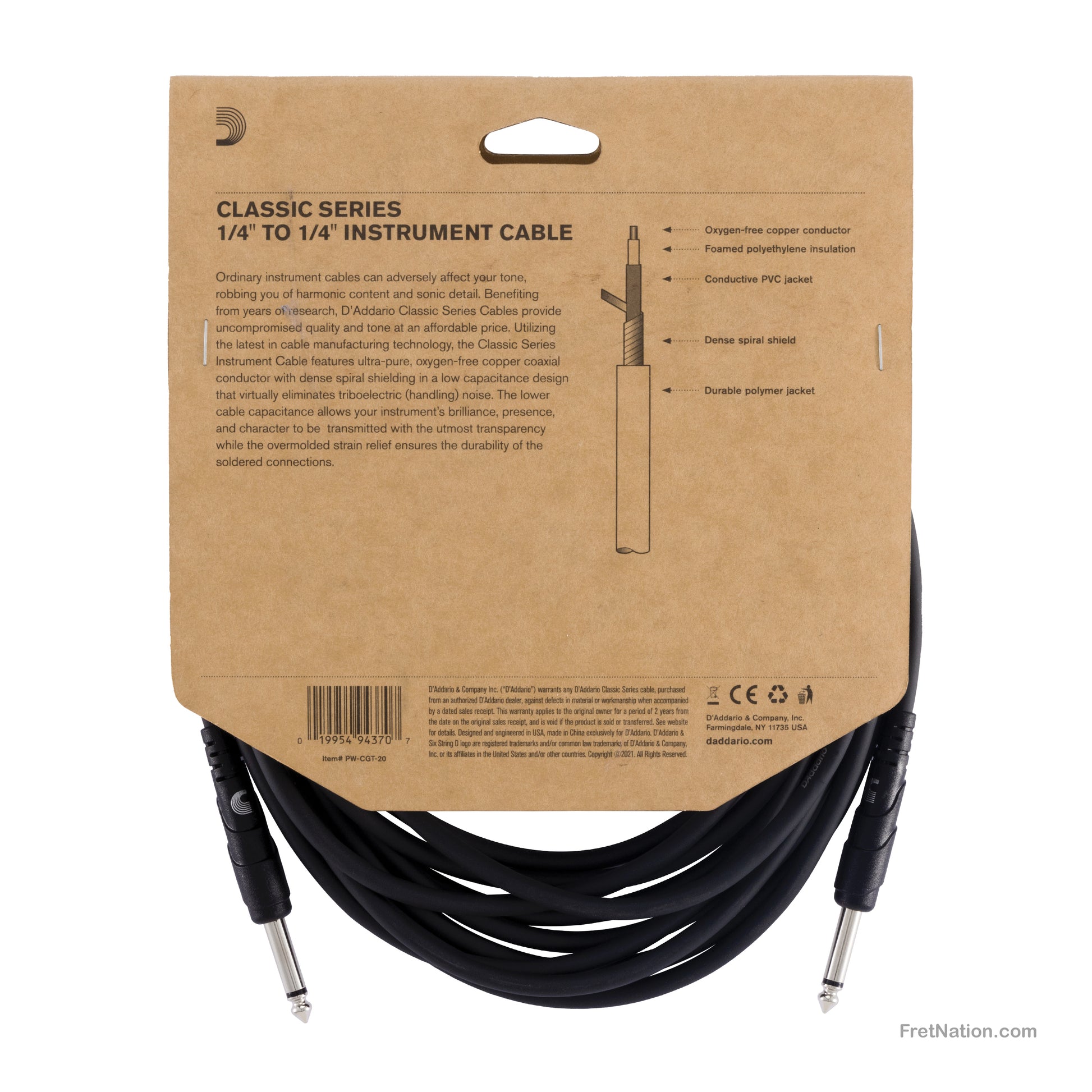 D'Addario D'Addario Classic Series Instrument Cable 20-Foot - PW-CGT-20