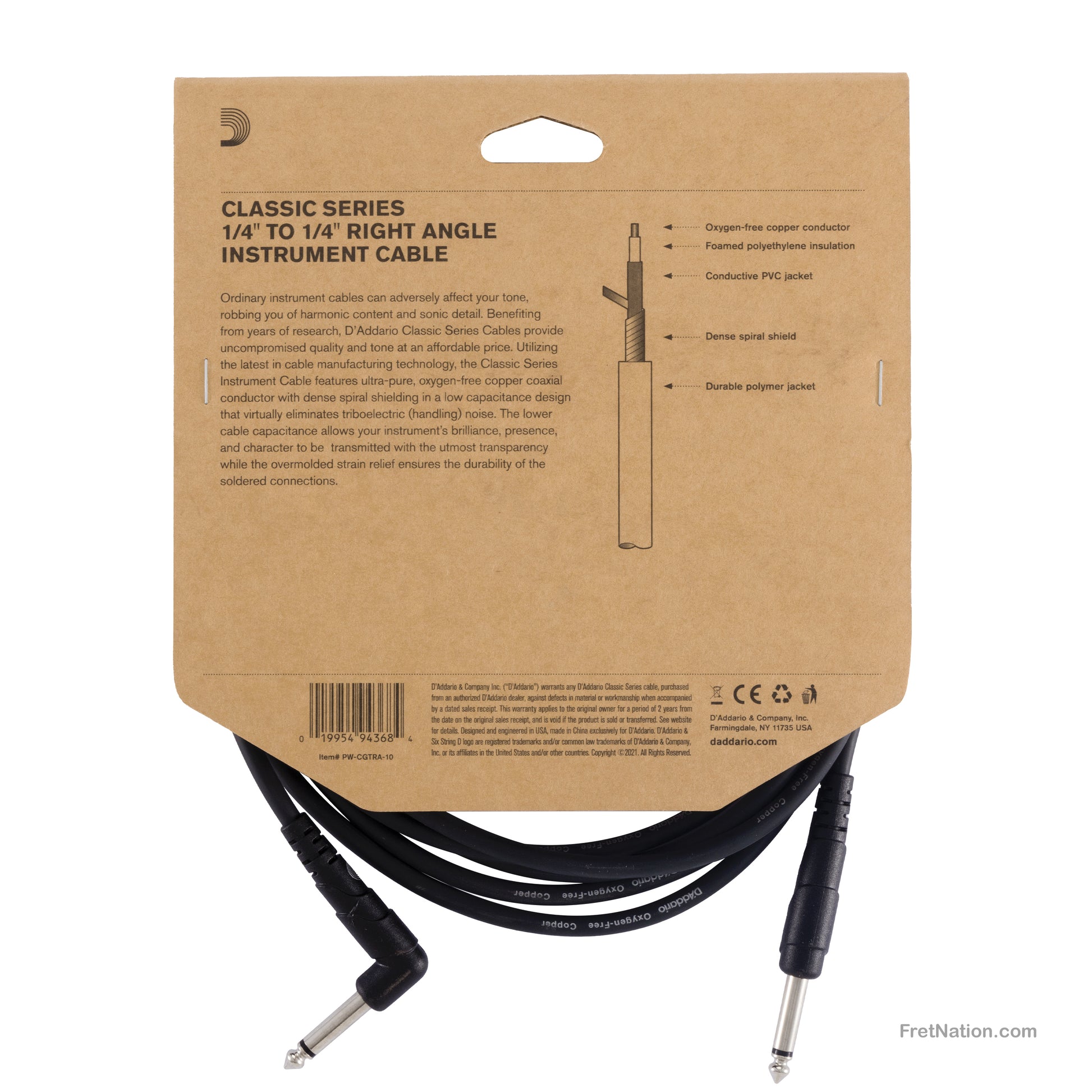 D'Addario D'Addario Classic Series Instrument Cable Right Angle 10-Foot - PW-CGTRA-10