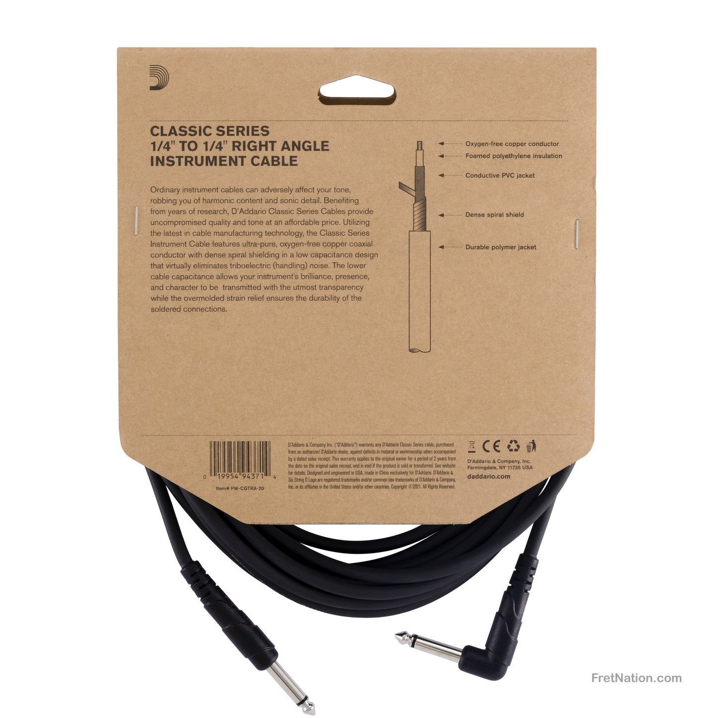 D'Addario D'Addario Classic Series Instrument Cable Right Angle 20-Foot - PW-CGTRA-20