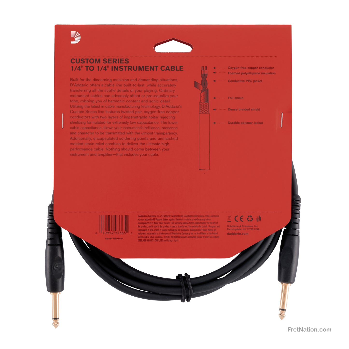 D'Addario D'Addario Custom Series Instrument Cable 10-Foot 1/4" - PW-G-10