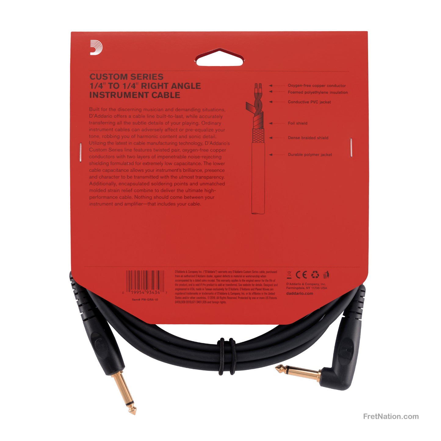 D'Addario D'Addario Custom Series Instrument Cable Right Angle 10-Foot 1/4" - PW-GRA-10