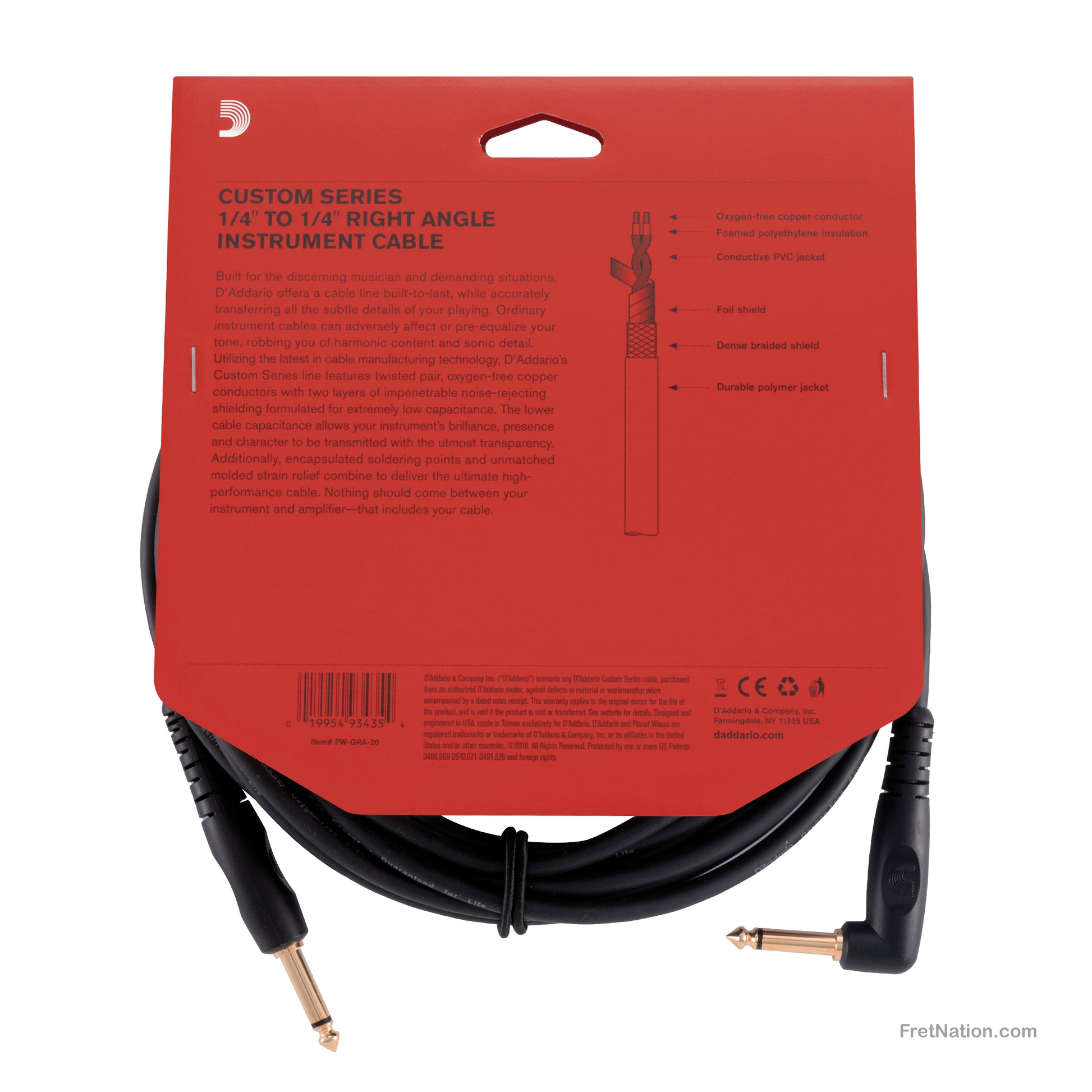 D'Addario D'Addario Custom Series Instrument Cable Right Angle 20-Foot 1/4" - PW-GRA-20
