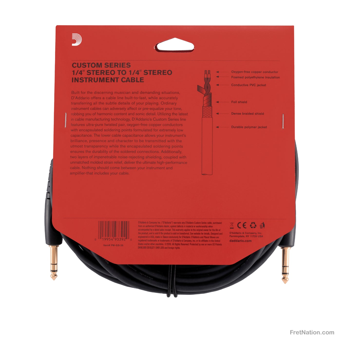 D'Addario D'Addario Custom Series Instrument Cable Stereo 25-Foot 1/4" - PW-GS-25