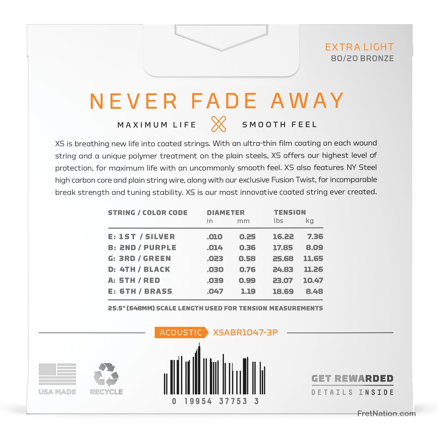 D'Addario D'Addario XS Coated 80/20 Bronze Acoustic Guitar 3-Pack - 6-String 10-47 Extra Light XSABR1047-3P