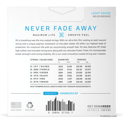 D'Addario D'Addario XS Coated 80/20 Bronze Acoustic Guitar 3-Pack - 6-String 12-53 Light XSABR1253-3P