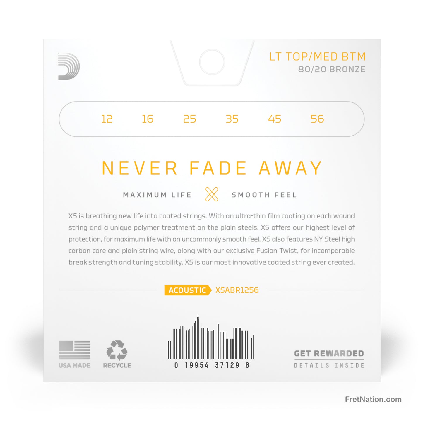 D'Addario D'Addario XS Coated 80/20 Bronze Acoustic Guitar Strings - 6-String 12-56 Light Medium XSABR1256