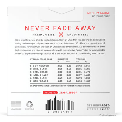 D'Addario D'Addario XS Coated 80/20 Bronze Acoustic Guitar 3-Pack - 6-String 13-56 Medium XSABR1356-3P