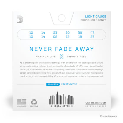 D'Addario D'Addario XS Coated Phosphor Bronze Acoustic Guitar Strings - 12-String 10-47 Light XSAPB1047-12