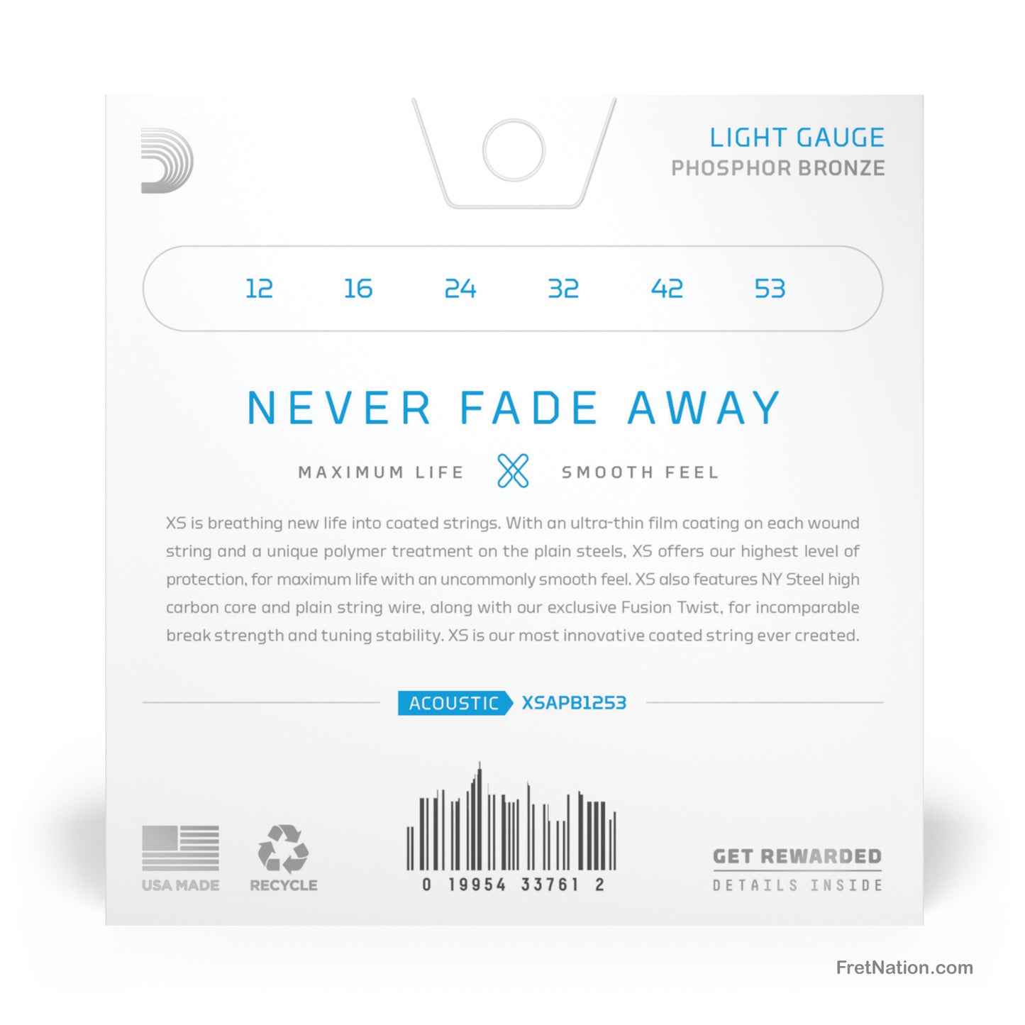 D'Addario D'Addario XS Coated Phosphor Bronze Acoustic Guitar Strings - 6-String 12-53 Light XSAPB1253