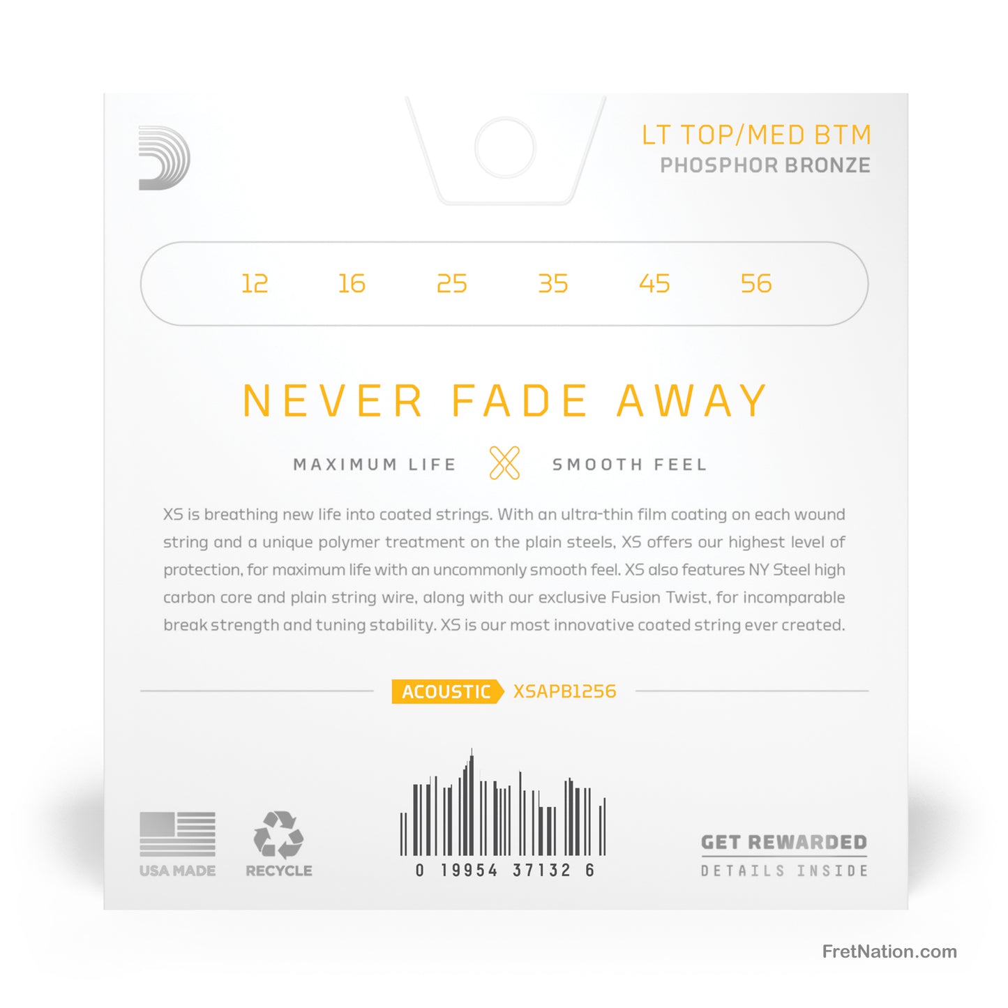 D'Addario D'Addario XS Coated Phosphor Bronze Acoustic Guitar Strings - 6-String 12-56 Light Medium XSAPB1256