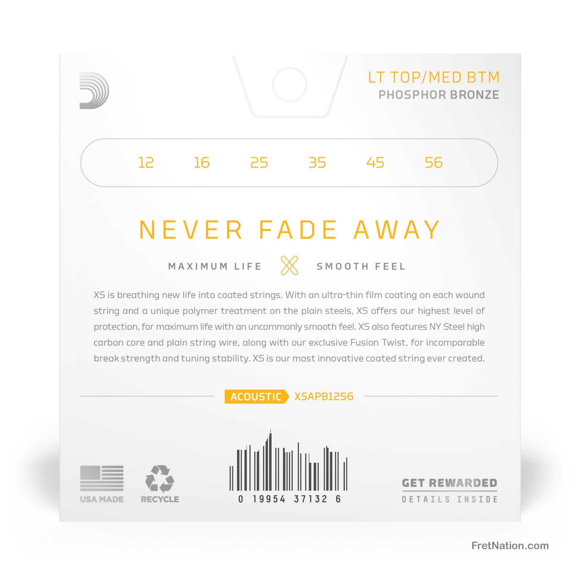 D'Addario D'Addario XS Coated Phosphor Bronze Acoustic Guitar Strings - 6-String 12-56 Light Medium XSAPB1256